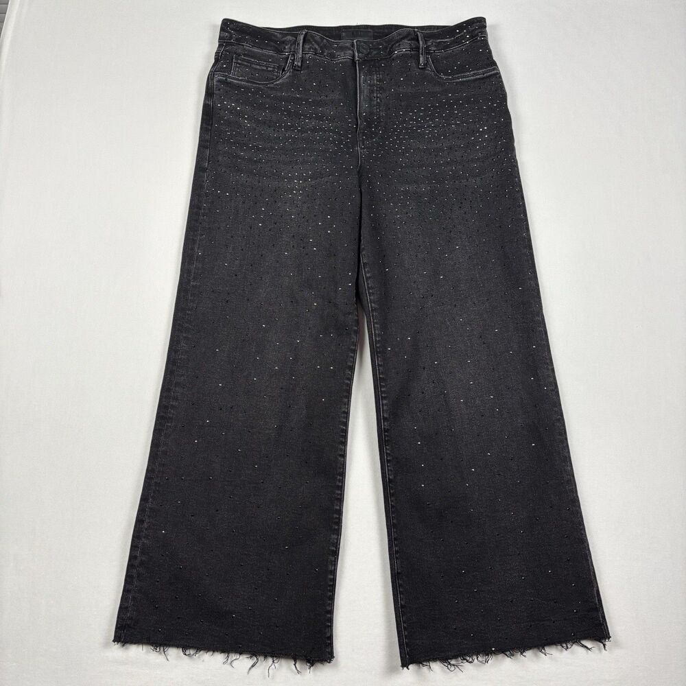Kut from the Kloth Meg Fab Ab Jeans Womens 12 Black Rhinestone Wide Leg Raw Hem